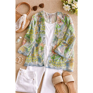 Chico’s Mesh Floral Cardigan Topper Size 1 M Tropical Sheer Open Front